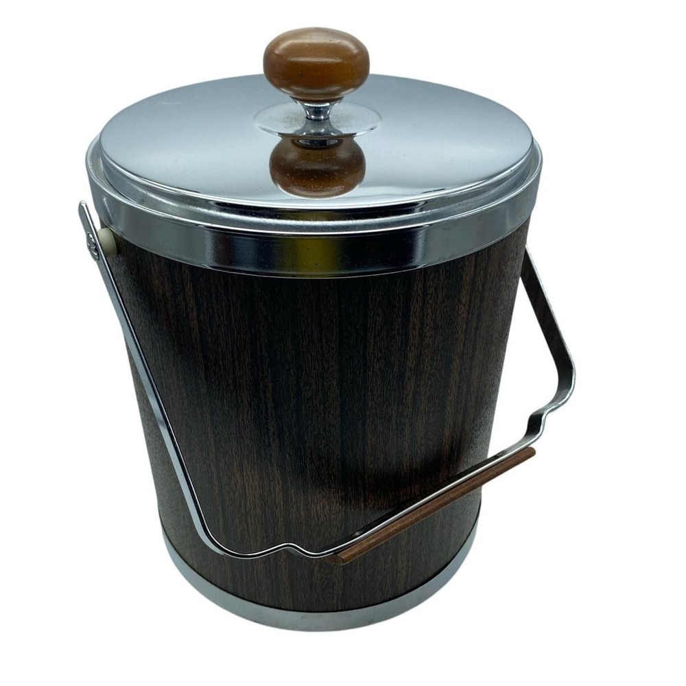 Vintage Mid Century Modern Kromex‎ Ice Bucket Bar Cocktail Chrome Wood Grain MCM